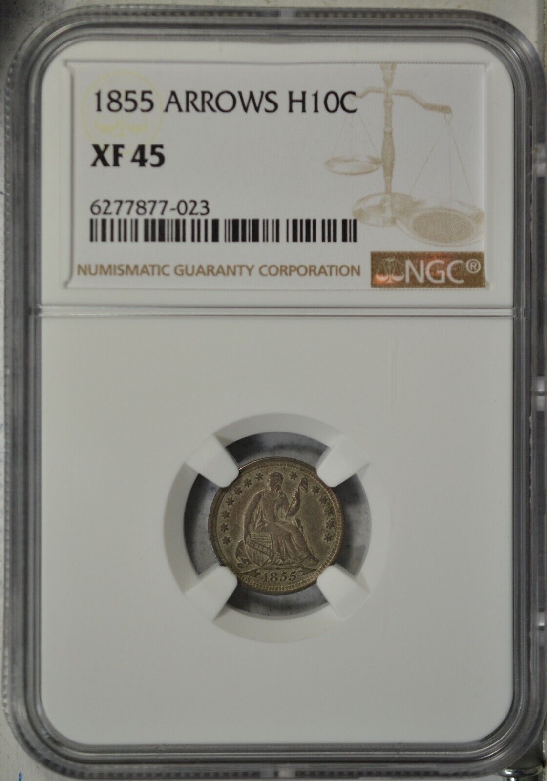1855 Seated half dime, Arrows, NGC XF45