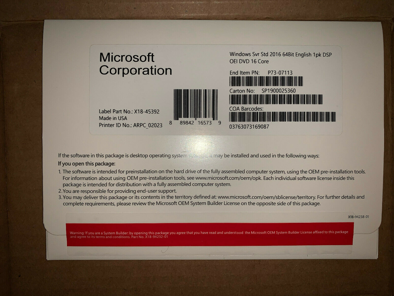 Microsoft Windows Server Standard 2016 X64-bit Dvd W/product Key 16 Core