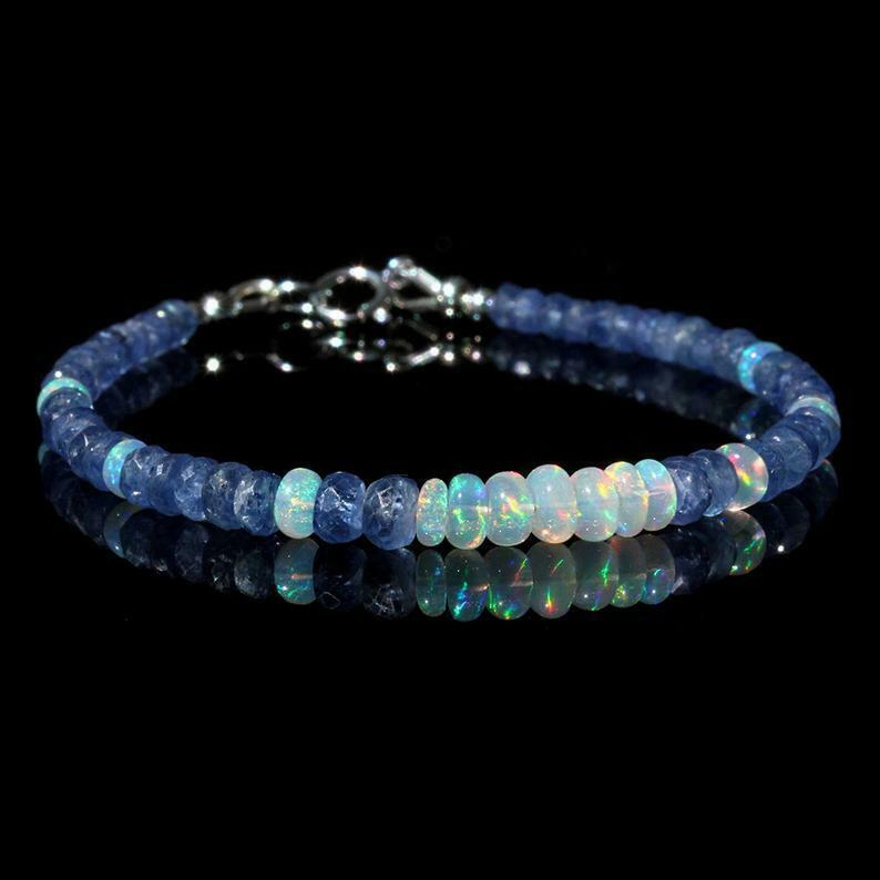 Thailand Blue Sapphire & Ethiopian Fire Opal  Beads 1 Bracelet  6 Inch Gemstone